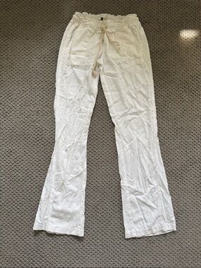 Roxy White Linen Smocked Drawstring Waist Pants